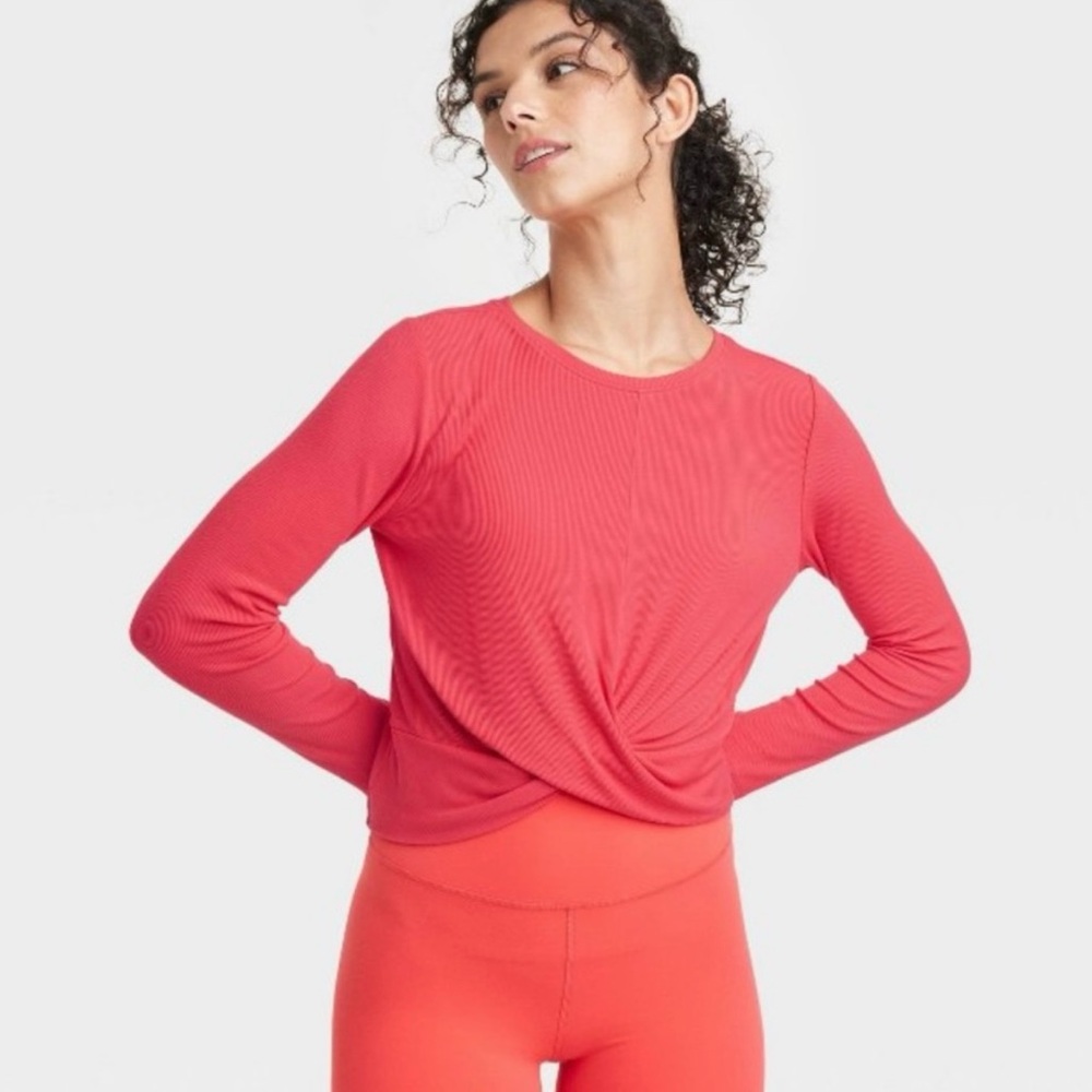 All In Motion Long Sleeve Ribbed Twist Crop Top Red Orange Small